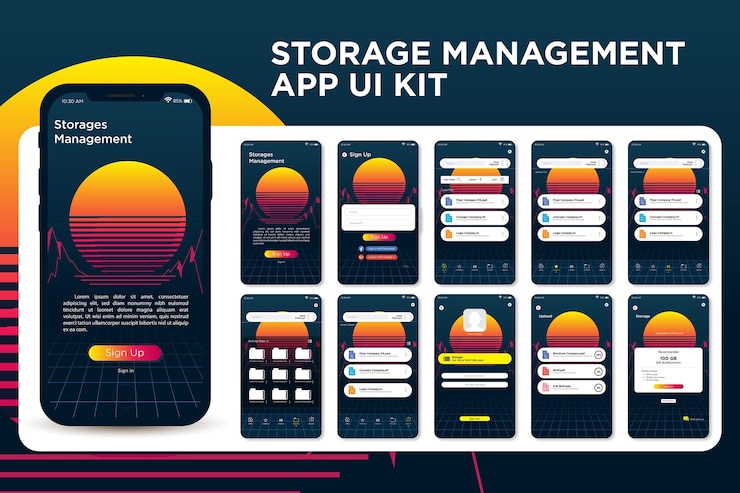 Vector retro vintage sunset purple storage management app ui kit