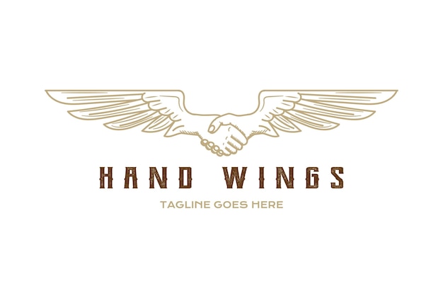 Retro Vintage Wings with Hand Handshake for Motorcycle Biker Club or Peace Community Logo Design