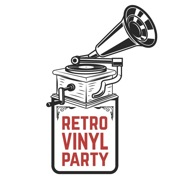 Festa in vinile retrò. grammofono stile vintage. elemento per logo, etichetta, emblema, segno, distintivo. illustrazione