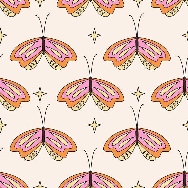 Retro vlinders naadloos patroon. 1970 vibes groovy patroon met vlinder