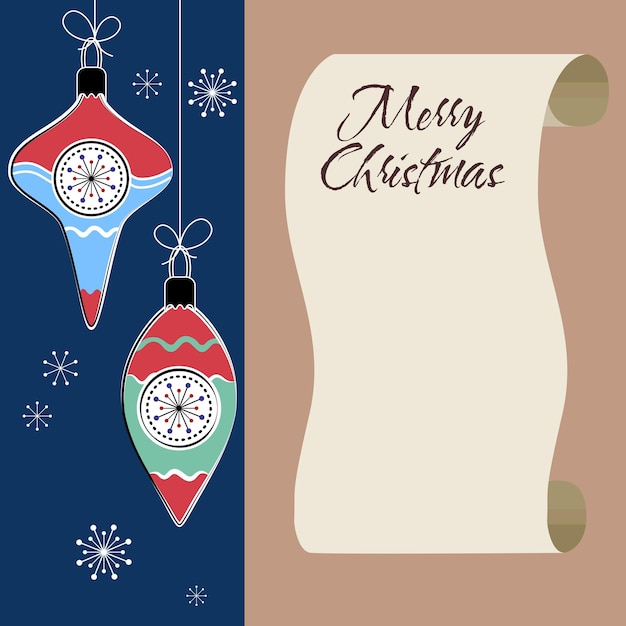 Vector retro vrolijke kerstkaart oude papieren scroll achtergrond kerstballen vector illustratie