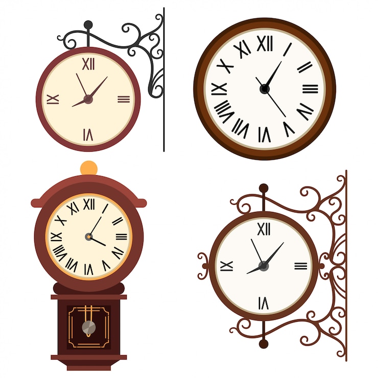 Vector retro wall clock vector cartoon flat icon set isolated on white background.
