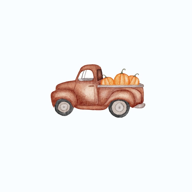 Vector retro watercolor brown car with pumpkin