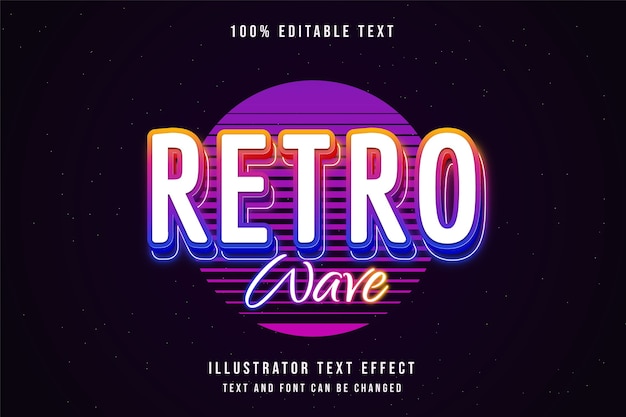 Retro onda, 3d testo modificabile effetto gradazione gialla rosa viola blu neon stile testo