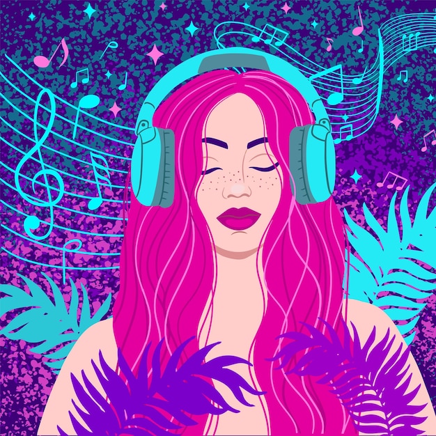 Retro Wave music album cover template with girl in headphones Retro futuristic vector background