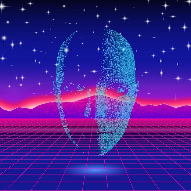 Retro wave shiny head silhouette over neon landscape