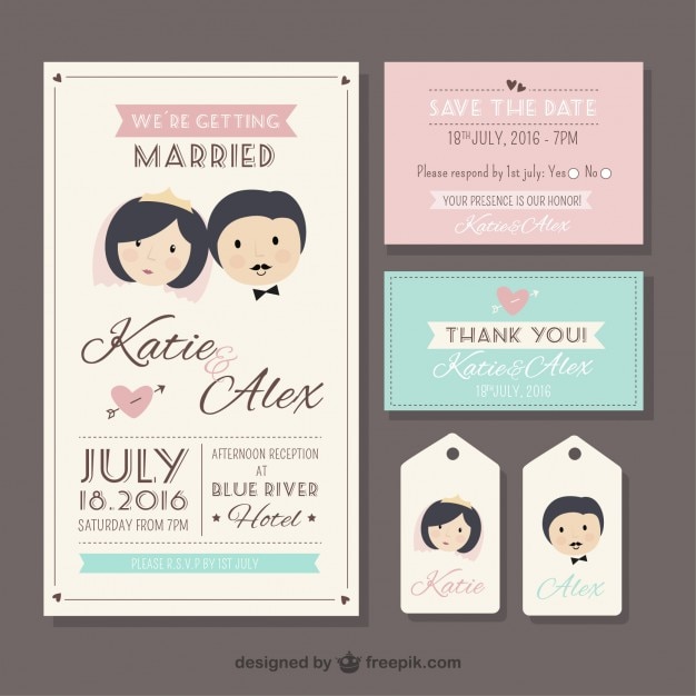 Retro wedding stationery in cute style