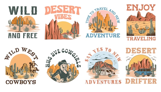 Vettore retro western nature adventure tshirt design bundle set di logo di illustrazione vettoriale all'aperto