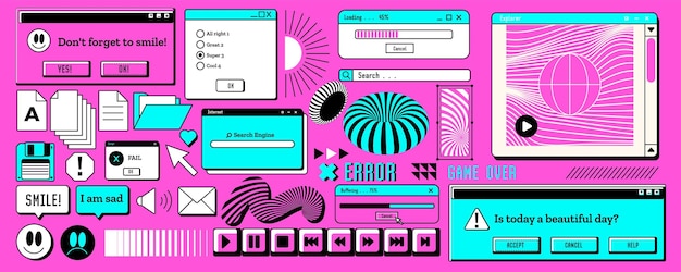 レトロウィンドウ - ピクセル 90 年代のインターフェース - Y2K スタイル - PC ブラウザ - コンピュータデスクトップ - VaporWave アイコン - UI フレーム - ウェブサイト - デジタルステッカー - 画面警告メッセージ - 笑顔のシンボル - ベクトルOS要素セット
