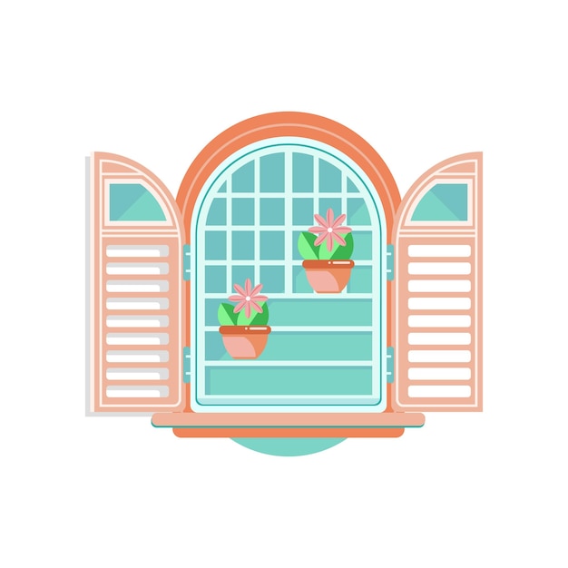 Retro window with shutters and flowerpots architectural design element vector Illustration isolated on a white background