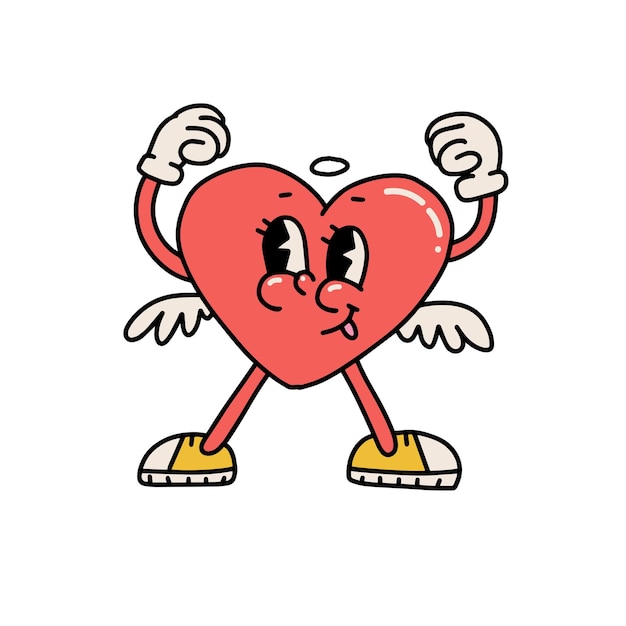 Retro winner heart character with the wings hippie groovy smile mascot with hands up valentine day c