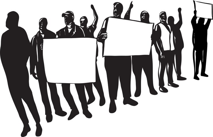 Vector retro woodcut style illustration of a group of protesters holding signs viewed from front on isolated background done in black and white.