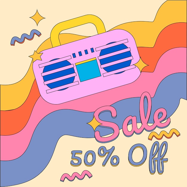 Retro y2k design banner sale ad vector with groovy color.