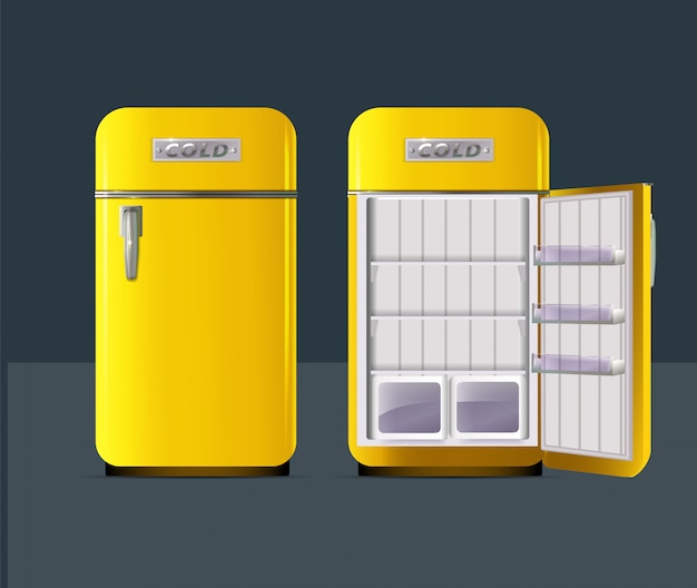 Retro frigorifero giallo in stile realistico isolato