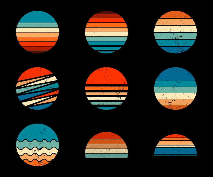 Vector retro zonsondergang collectie met grunge textuur in vintage 70s stijl retrostriped zon in ronde vorm