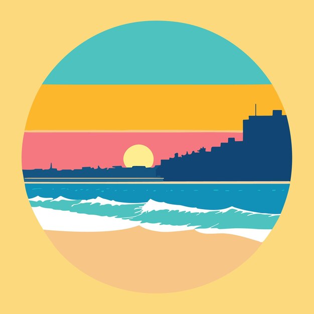 Retro zonsonderganglogo boven de oceaan met zon en watersilhouet