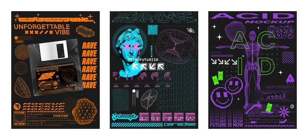 Vector retrofuturistic posters set y2k techno style for typography streetwear tshirt hoodie prints