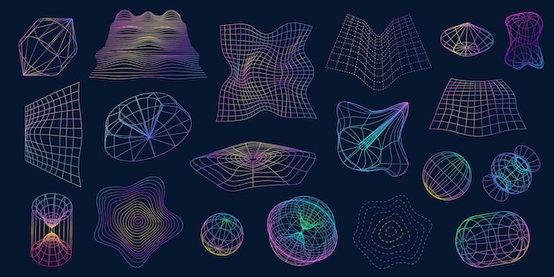 Retrofuturistic wireframe shapes 3d sphere and distorted perspective grids Line mesh geometric objects Cyber futuristic shape vector set