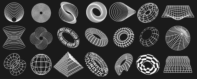 Retrofuturistische 3d-vormen scifi cirkel geometrische vormen elementen meshcyberpunk-elementen