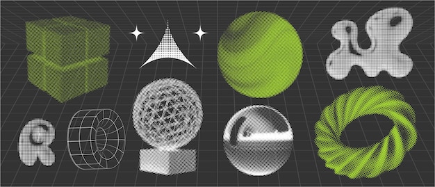 Retrofuturistische negatieve 3D-vormen in halftone gestreepte stijl chroom halftone elementen met glanzend