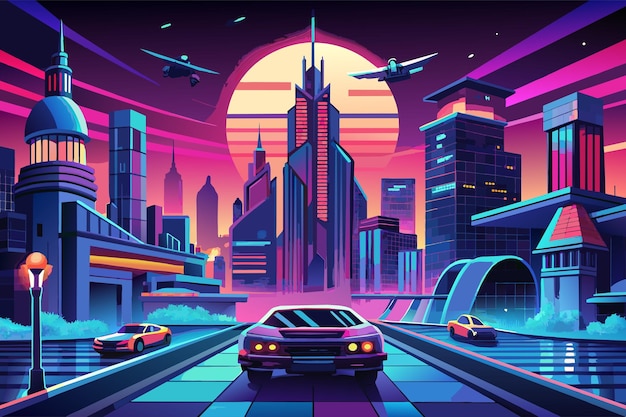 Vector retrofuturistische stad met vliegende auto's en neonlichten illustratie