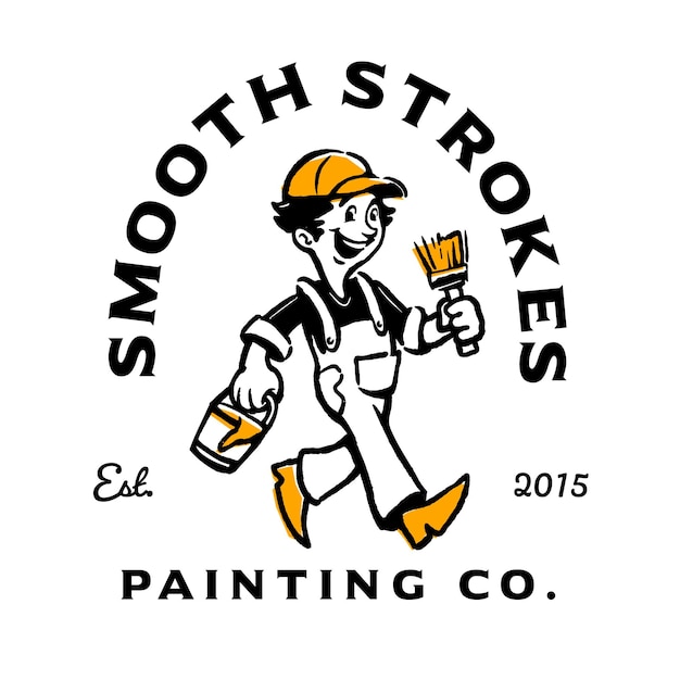 Retrostyle emblem featuring a painter character holding a brush and bucket designed in a vintage i