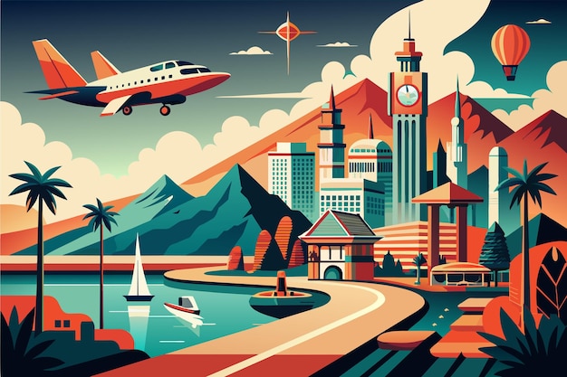 Ретростильная иллюстрация городского пейзажа с зданиями, часовой башней, пальмами, горами и заливом с лодками.
