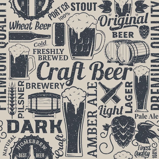 Retrostyled typographic vector beer seamless pattern or background