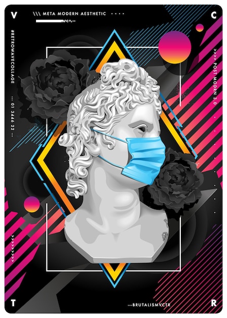 Vettore design retrowave con statua in maschera