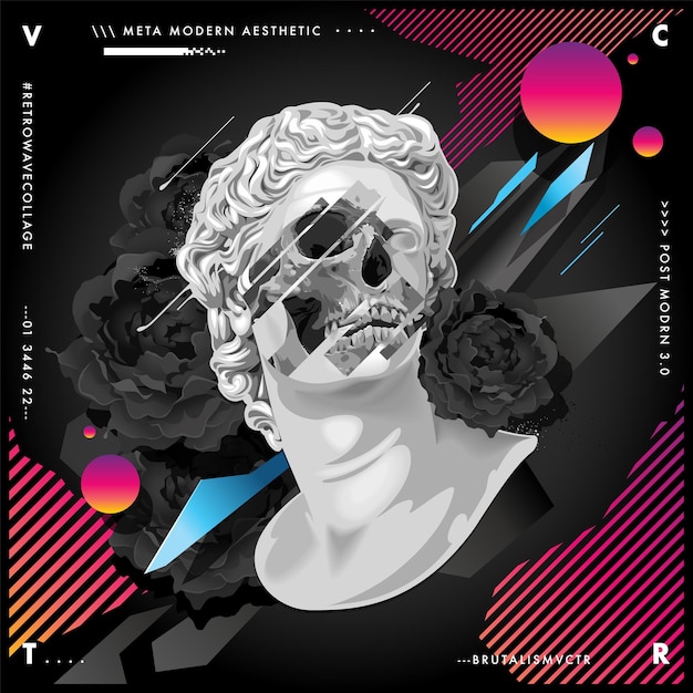 Vettore design retrowave con statua