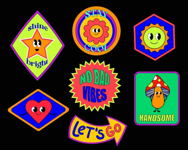 Vector retrowave stickers in geometric shapes vector illustration of y2k 90s graphic design hipster badges