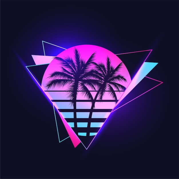 Retrowave or synthwave or vaporwave aesthetic illustration of vintage gradient colored sunset with palm trees silhouettes on abstract triangle shapes background.