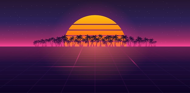 Vector retrowave vintage achtergrond met palm silhouetten vector illustratie