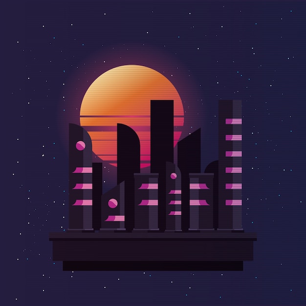 Retrowave con il tramonto alle costruzioni della città