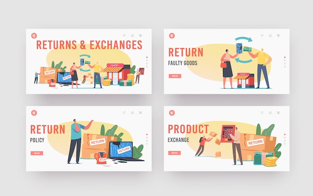 Return and exchange landing page template set. characters dissatisfied with damaged things delivery, cracked laptop, cup and smartphone, courier drop parcel. cartoon people vector illustration