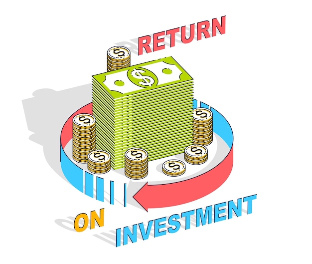 Return on Investment concept, cash money stack with radial loop arrows around. Vector 3d isometric business and finance illustration, thin line design.