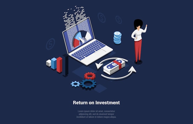 Vector return on investment concept illustration in cartoon 3d style. isometric vector composition ondark background with character. cashback service, repayment comeback system, safefinancial business deals.