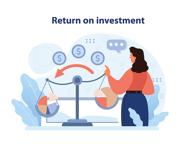 Return on investment concept woman evaluates profit balance measuring financial gains and growth roi