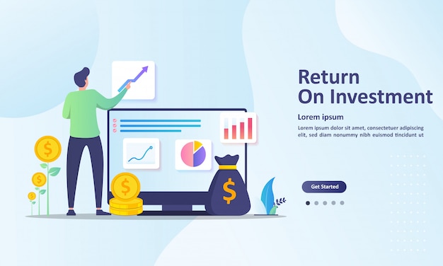 Return on investment, people managing financial chart landing page template