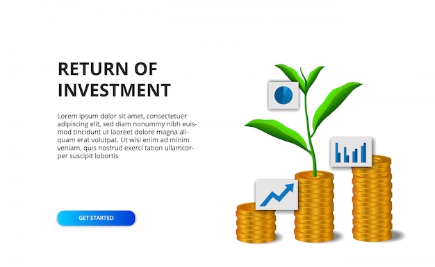 Return of investment ROI concept with illustration of golden coin and plant tree leaves growth