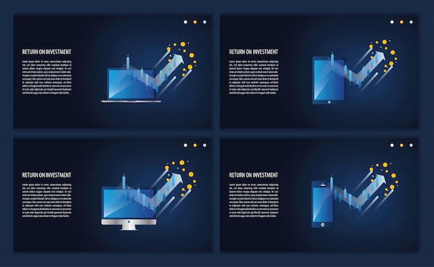 Grafico roi ritorno sull'investimento e grafico nella pagina di destinazione di laptop, computer, telefono e tablet