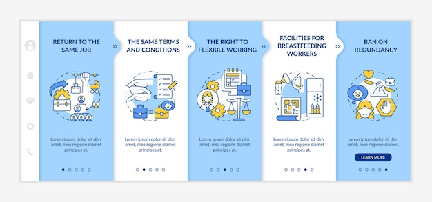 Modello vettoriale per l'onboarding dei diritti dei dipendenti di ritorno al lavoro. sito mobile reattivo con icone. procedura dettagliata della pagina web 5 schermate di passaggio. torna allo stesso concetto di colore del posto di lavoro con illustrazioni lineari