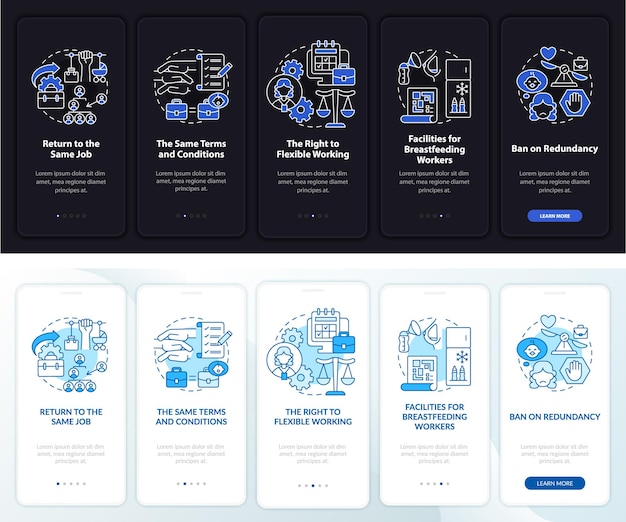 작업 권한으로 돌아가기 어둡고 밝은 온보딩 모바일 앱 페이지 화면