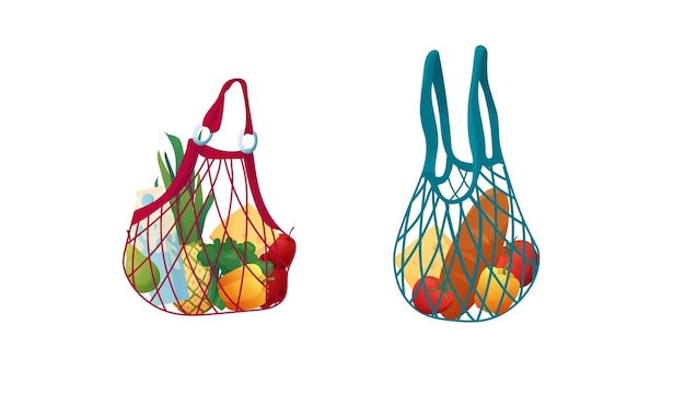 Vector reusable eco string bag with food. shopping bag made of fabric or cotton. zero waste concept.