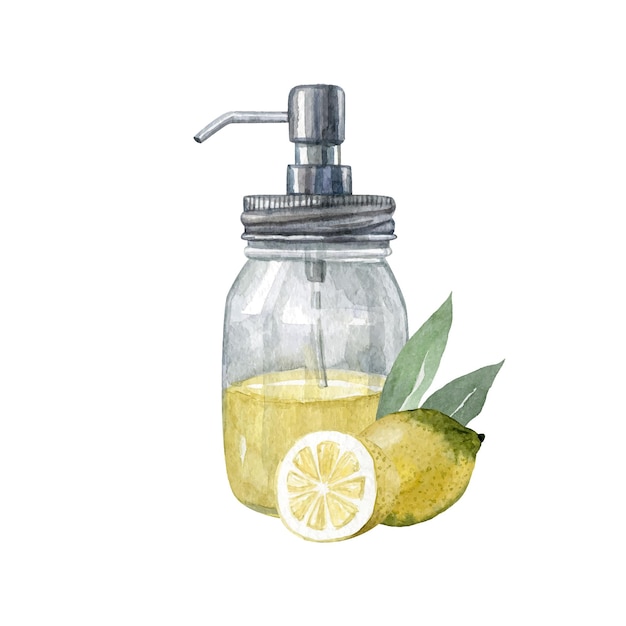 Reusable glass dispenser with yellow dishwashing liquid and lemons Watercolor vector clipart