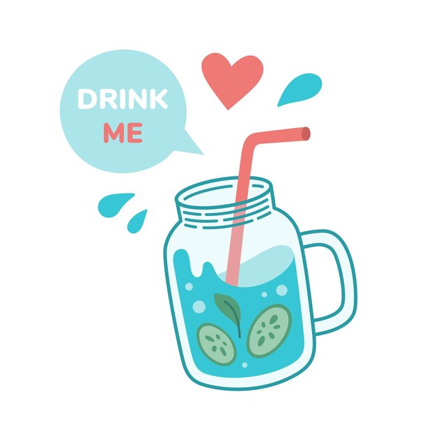 글과 함께 재사용 가능한 유리 항아리 DRINK ME 지속 가능한 라이프 스타일 제로 폐기물 생태 개념 만화 스타일의 터 일러스트레이션 폐기물 관리 재활용 생태 지속 가능성