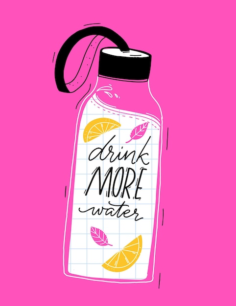 Vector reusable glass water bottle with handwritten text drink more water cute summer illustration on pink