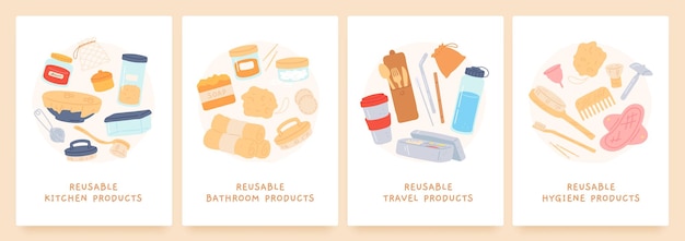 Prodotti riutilizzabili. articoli durevoli a zero sprechi per cucina, bagno, igiene e viaggi. ecologico. ridurre il concetto di vettore di inquinamento di plastica. illustrazione paglia naturale riutilizzabile, senza plastica