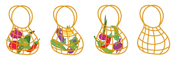 야채와 함께 재사용 가능한 쇼핑백 세트