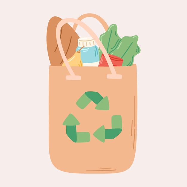 Reusable shopper bag with groceries and recycling sign vector isolated flat illustration of shopping